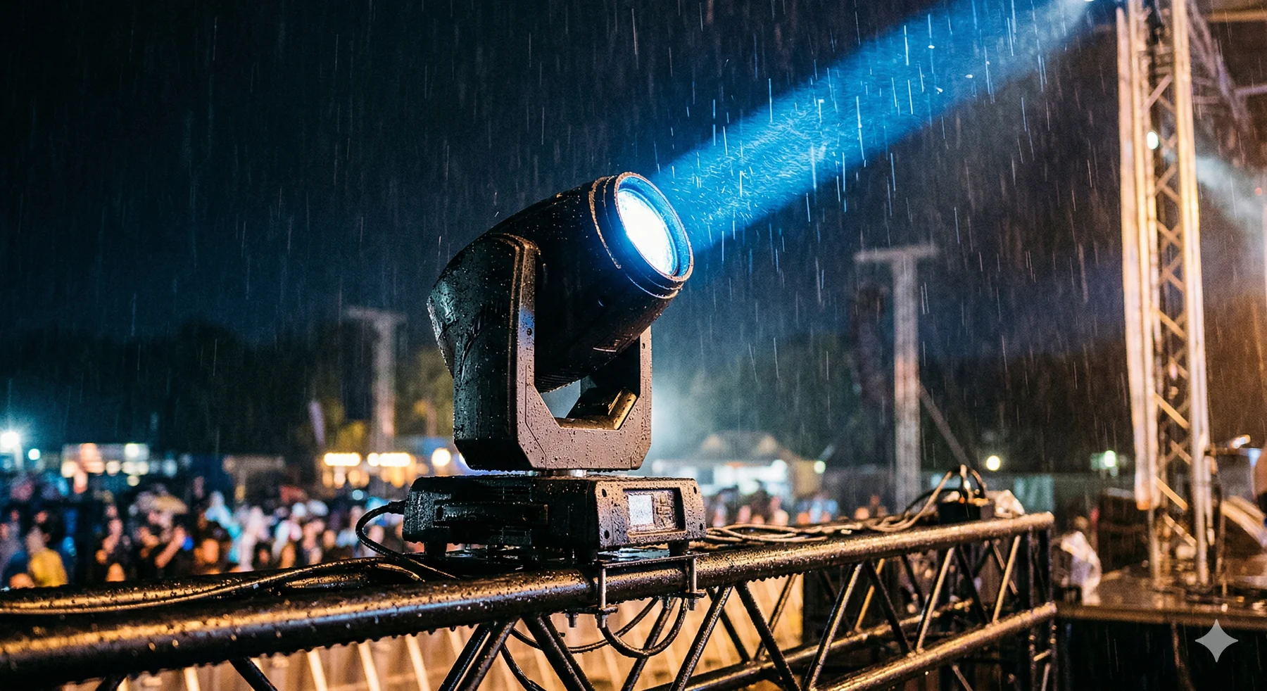 Professional moving-head lighting fixtures on a live event stage